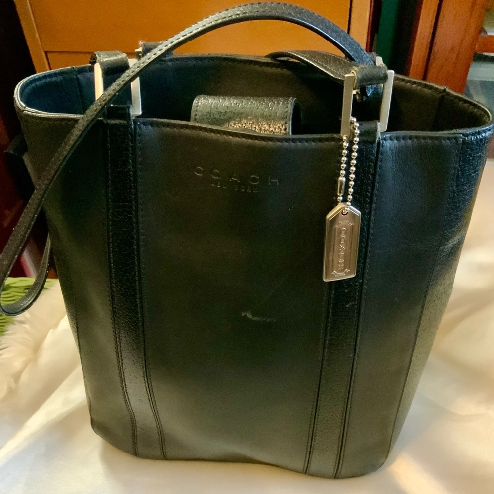 Coach small black leather tote bag. Appx 10L X 9.5 w 11 inch handle drop